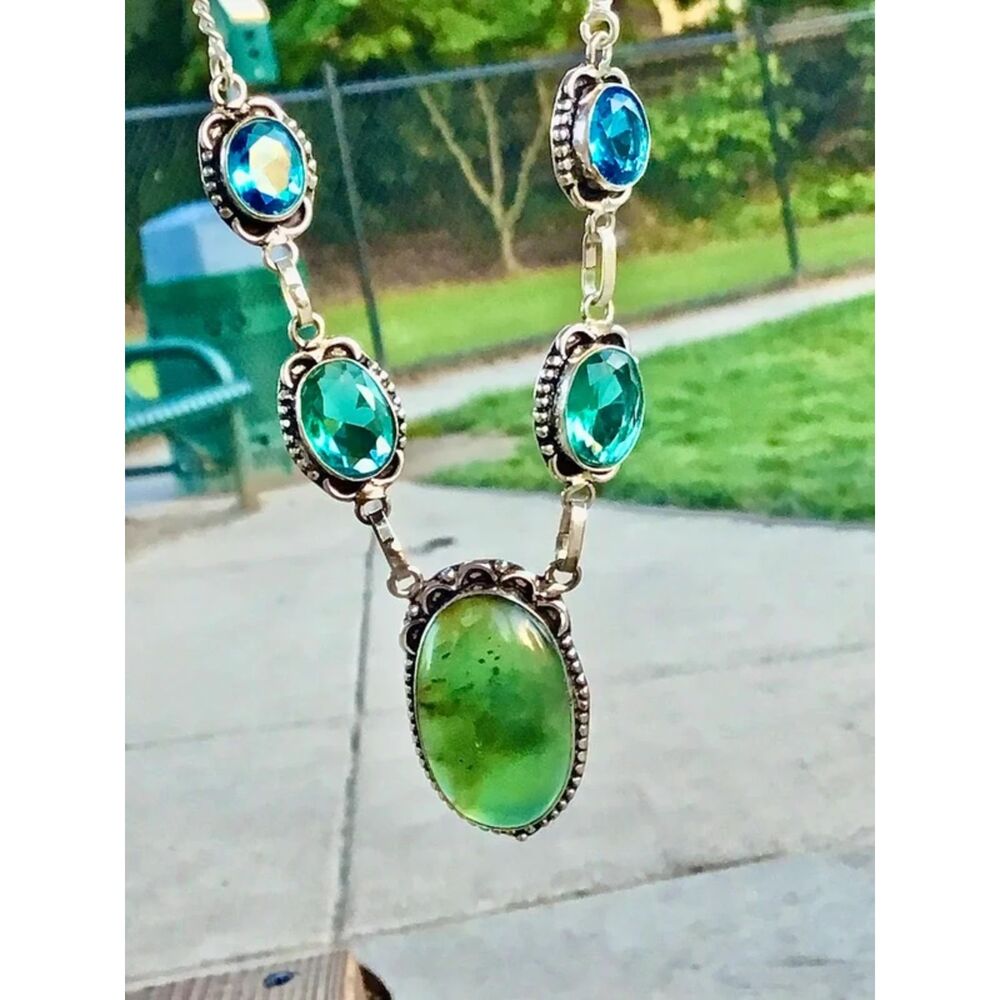 Artisan Green Jade & Ocean Blue Apatite Gem Necklace – Unique Handmade Jewelry